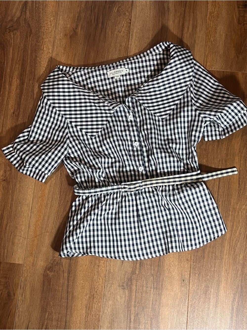 Lili Sidonio Gingham Button-Front Peplum Blouse with Waist Tie — Navy & White